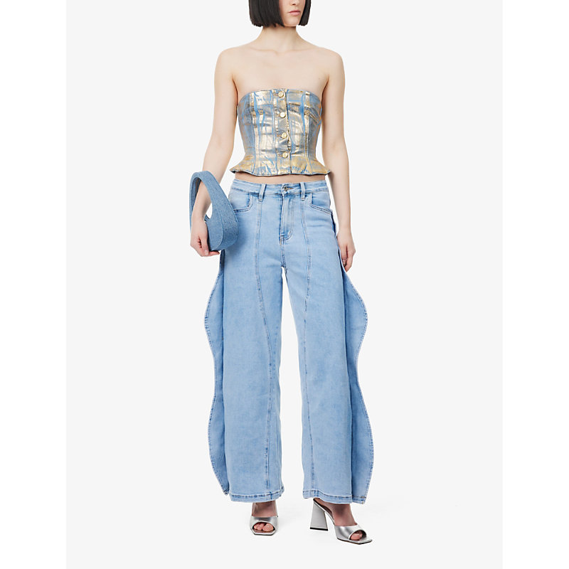 Shop Amy Lynn Wavy-trim Wide-leg High-rise Stretch-denim Jeans In Blue