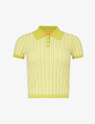 Shop Guest In Residence Shrunken Gingham-pattern Cotton-knit Polo Shirt In Citirine/cream