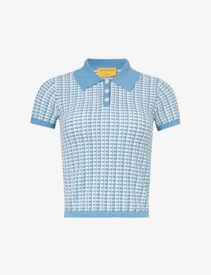 Shop Guest In Residence Shrunken Gingham-pattern Cotton-knit Polo Shirt In Denim Blue/cream