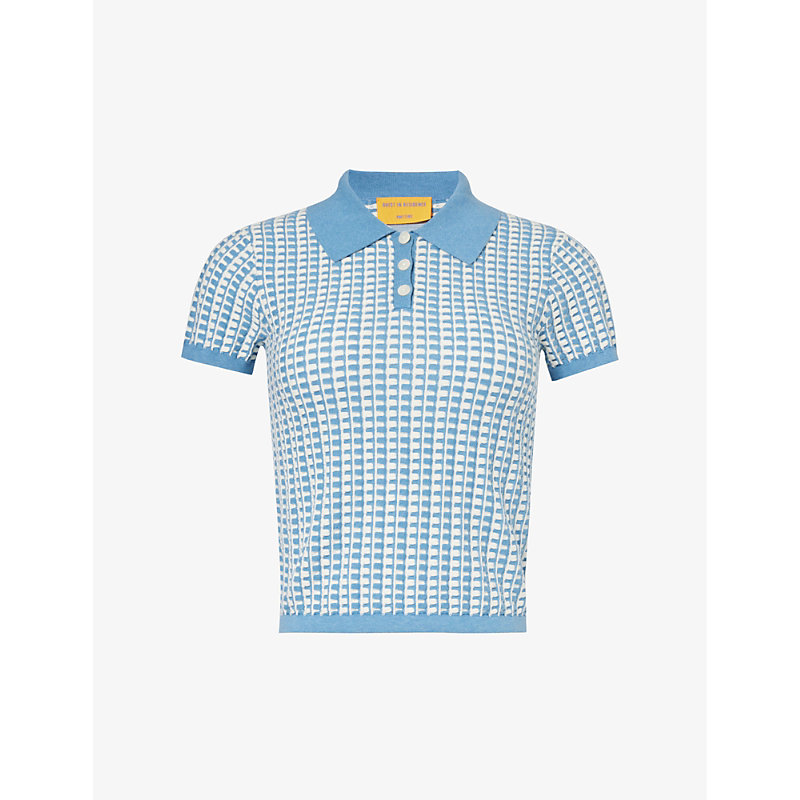 Shop Guest In Residence Women's Denim Blue/cream Shrunken Gingham-pattern Cotton-knit Polo Shirt