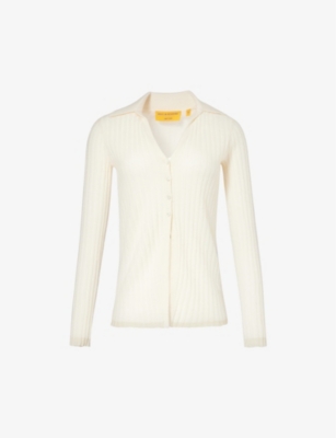 Guest In Residence Womens Cream V-neck Ribbed Merino Wool-blend Cardigan