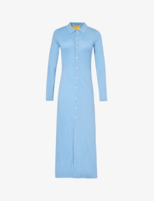 Shop Guest In Residence Women's Denim Blue Showtime Long-sleeved Cotton And Silk-blend Midi Dress