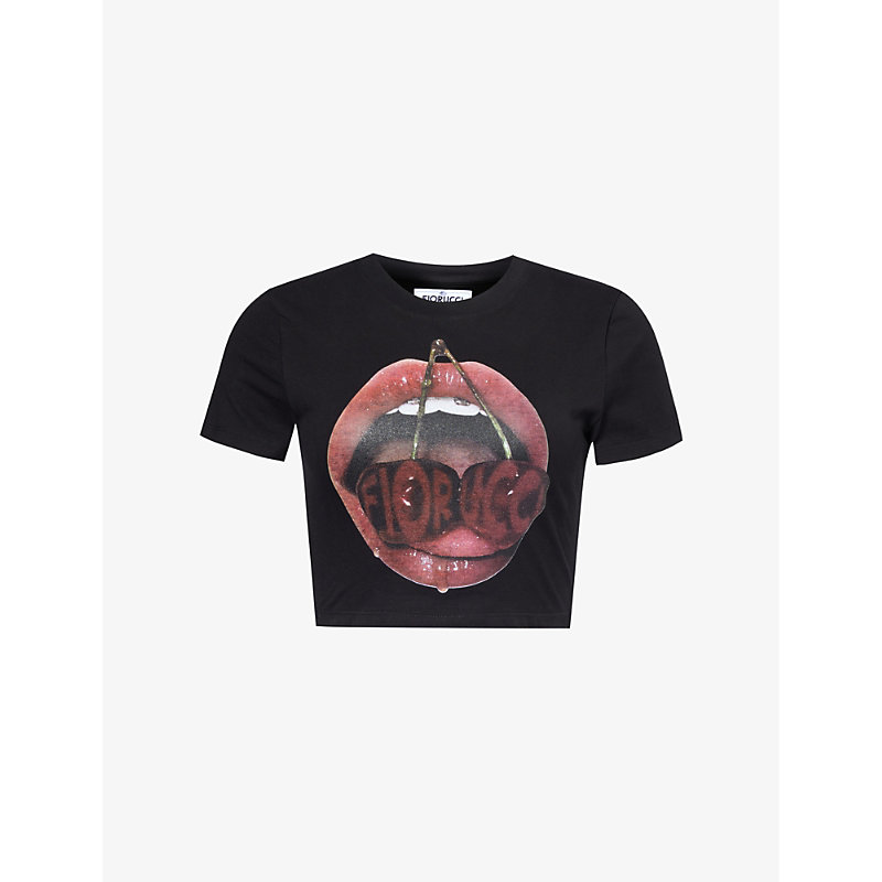 Shop Fiorucci Women's Black Mouth Graphic-print Stretch-cotton Jersey T-shirt