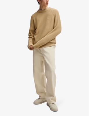 Shop Hugo Boss Mens Happy Hugo Logo-patch Cotton-knit Jumper In Medium Beige