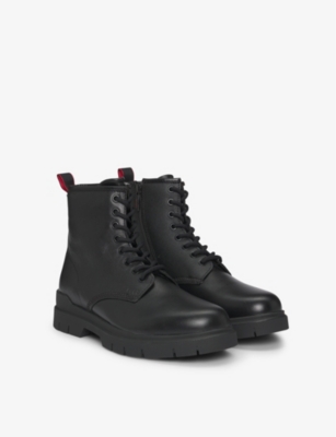 Hugo Boss Mens Black Embossed-logo Leather Ankle Boots Eur 45 / 11 Uk In Black