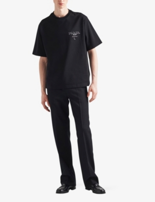 Shop Prada Logo-print Dropped-shoulder Cotton-jersey T-shirt In Black