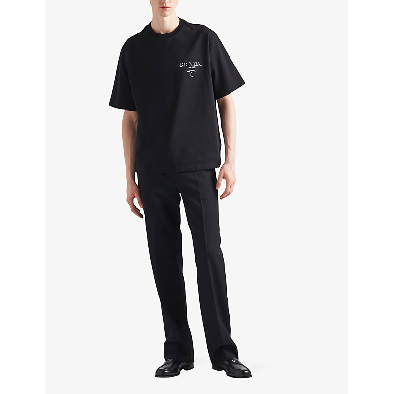 Shop Prada Logo-print Dropped-shoulder Cotton-jersey T-shirt In Black