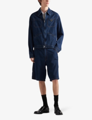 Prada Mens Blue Brand-plaque Multi-pocket Regular-fit Washed-denim Bermuda Shorts In Blue