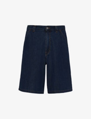 Shop Prada Brand-plaque -pocket Regular-fit Washed-denim Bermuda Shorts In Blue