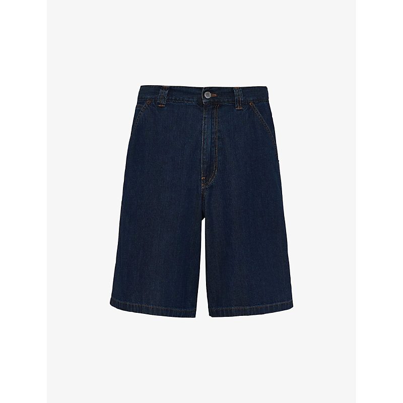 Shop Prada Brand-plaque -pocket Regular-fit Washed-denim Bermuda Shorts In Blue