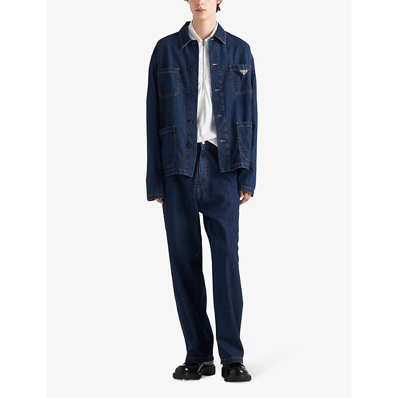 Shop Prada Mens Blue Brand-plaque Multi-pocket Regular-fit Washed-denim Blouson Jacket