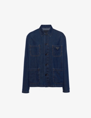 Shop Prada Brand-plaque -pocket Regular-fit Washed-denim Blouson Jacket In Blue