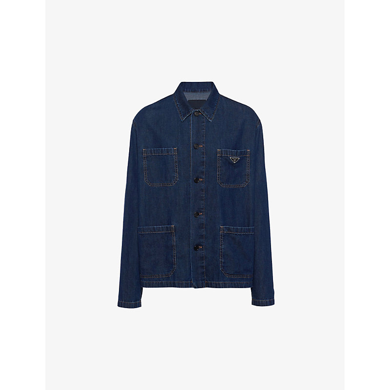 Shop Prada Brand-plaque Multi-pocket Regular-fit Washed-denim Blouson Jacket In Blue