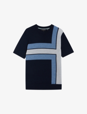 Ted Baker Mens Navy Tiltz Colour Block-print Wool T-shirt