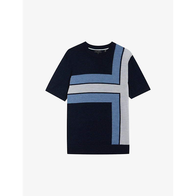Ted Baker Mens Navy Tiltz Colour Block-print Wool T-shirt