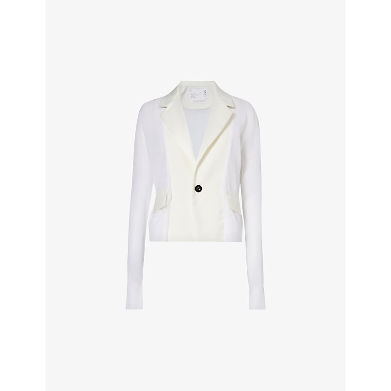 Sacai Womens Off White Suiting Notch-lapel Cotton-blend Cardigan