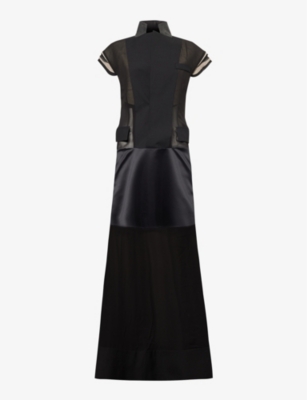 SACAI: Suiting notched-lapel semi-sheer mesh and silk maxi dress
