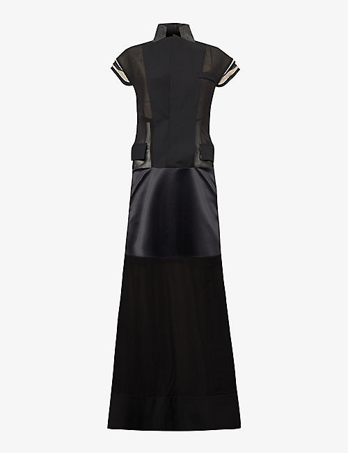 SACAI: Suiting notched-lapel semi-sheer mesh and silk maxi dress