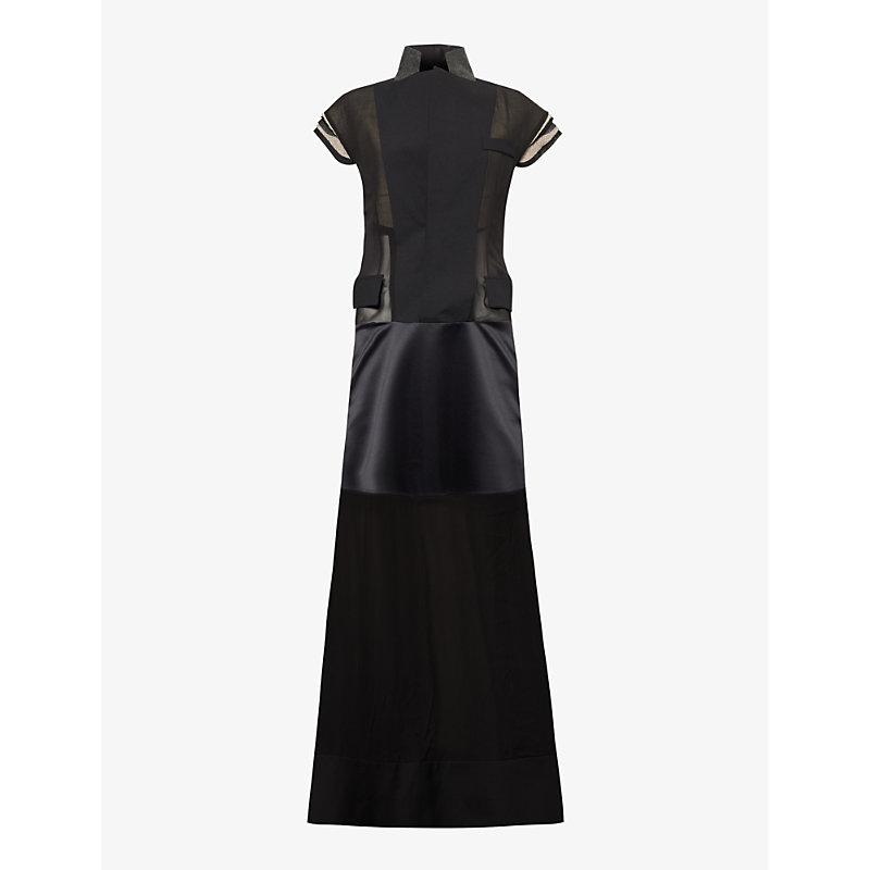 Sacai Womens Black Suiting Notched-lapel Semi-sheer Mesh And Silk Maxi Dress