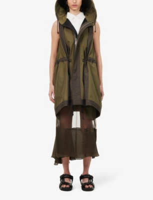 Shop Sacai Womens Olive Hooded Sleeveless Shell Cotton-blend Jacket