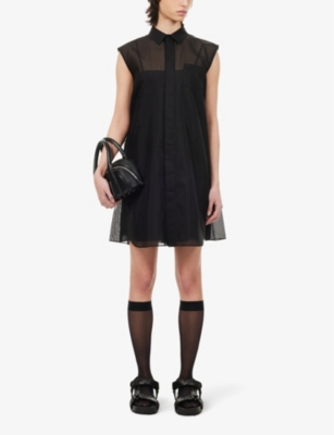 Shop Sacai Collar Semi-sheer Cotton-blend Midi Dress In Black