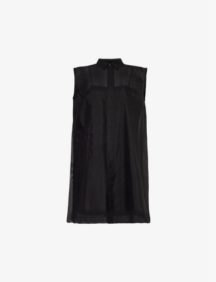 Sacai Womens Black Collar Semi-sheer Cotton-blend Midi Dress