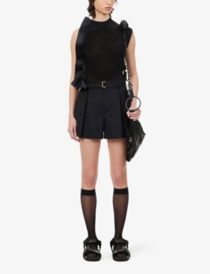 Shop Sacai Women's Black Pleated Mid-rise Wool-blend Shorts