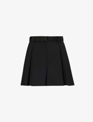 Sacai Womens Black Pleated Mid-rise Wool-blend Shorts