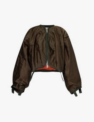 Sacai Womens Khaki Asymmetric-hem Cropped Woven-blend Jacket