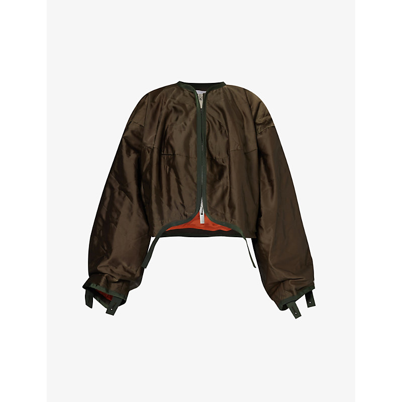 Sacai Womens Khaki Asymmetric-hem Cropped Woven-blend Jacket