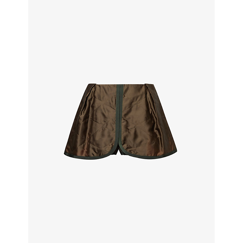 Sacai Womens Khaki Quilted Contrast-trim Mid-rise Satin Shorts