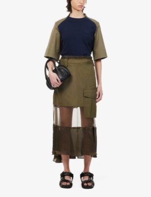 Shop Sacai Women's Khaki Contrast-panel Semi-sheer Shell Midi Skirt