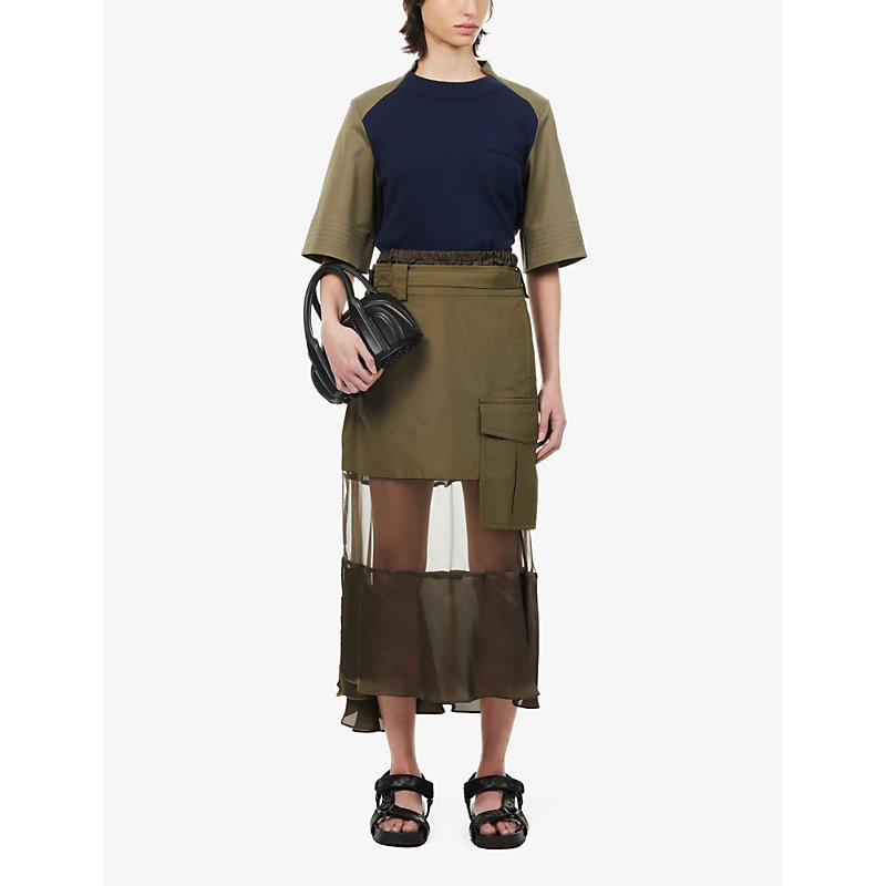 Shop Sacai Women's Khaki Contrast-panel Semi-sheer Shell Midi Skirt