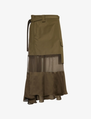 Sacai Womens Khaki Contrast-panel Semi-sheer Shell Midi Skirt