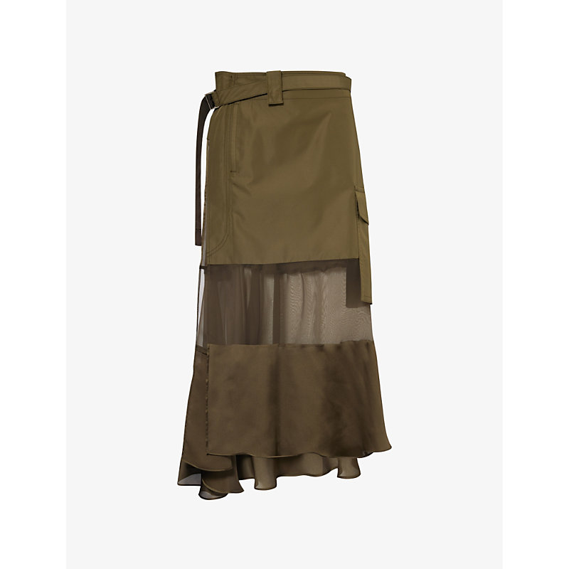 Sacai Womens Khaki Contrast-panel Semi-sheer Shell Midi Skirt