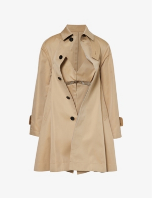 Sacai Womens Beige Pin-tucked Pleat Deconstructed Cotton-blend Coat