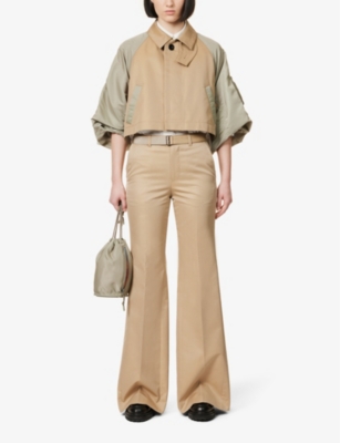 Shop Sacai Women's Beige Detachable-belt Wide-leg High-rise Cotton-blend Trousers