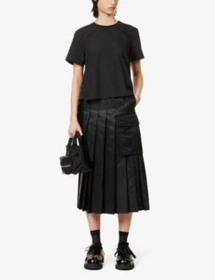 Shop Sacai Women's Black Pleated Flared-hem Woven Midi Skirt