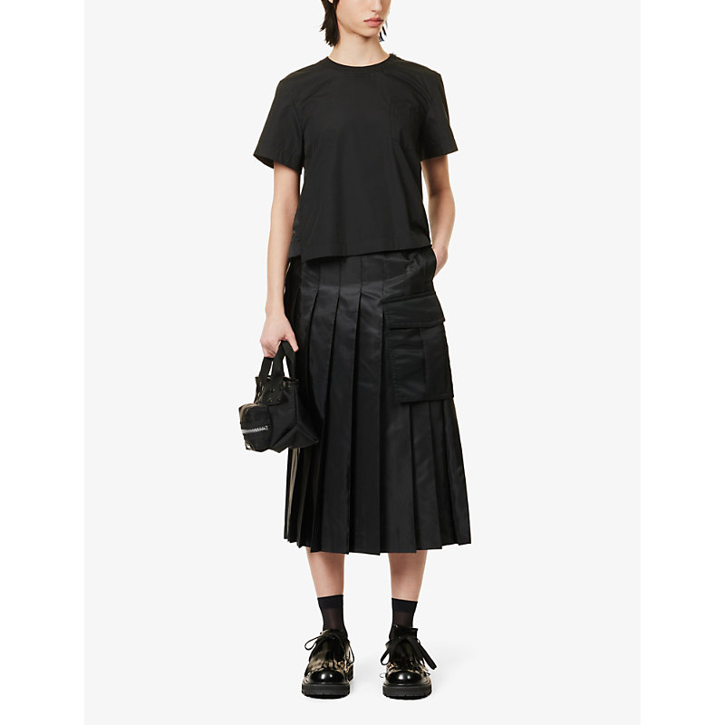 Shop Sacai Women's Black Pleated Flared-hem Woven Midi Skirt