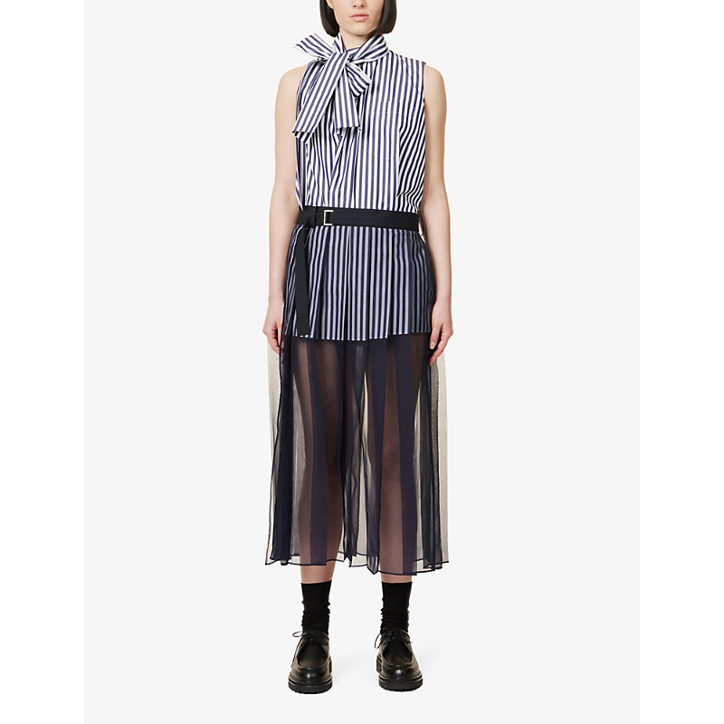 Shop Sacai Women's Navy Stripe Navy Semi-sheer Striped Cotton-blend Midi Dress