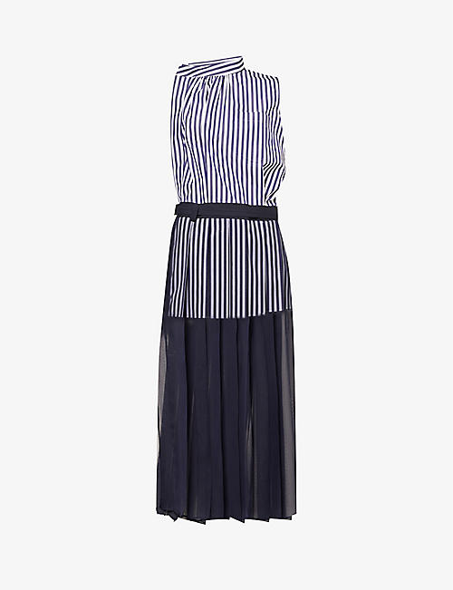 SACAI: Semi-sheer striped cotton-blend midi dress