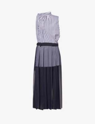 Shop Sacai Women's Navy Stripe Navy Semi-sheer Striped Cotton-blend Midi Dress