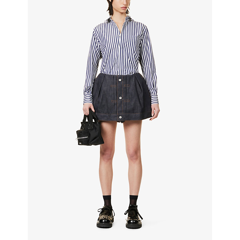 Shop Sacai Women's Indigo Buttoned-epaulette Slip-pocket Denim Shorts