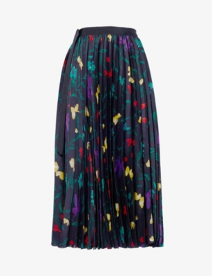 Sacai Womens Navy Floral-pattern Flared-hem Woven Midi Skirt
