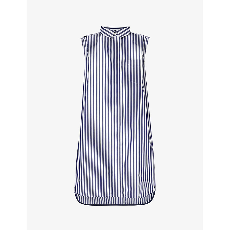 Sacai Womens Navy Stripe Spread-collar Sleeveless Woven-blend Mini Dress