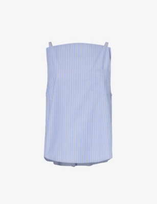 Shop Sacai Women's Blue Stripe Pleated Square-neck Cotton-poplin Top