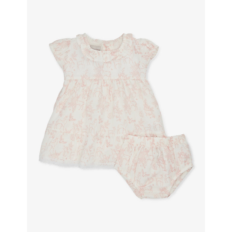 The Little Tailor Babies'  Pink Woodland Graphic-print Short-sleeve Cotton-poplin Dress And Bloomers Set 6-24