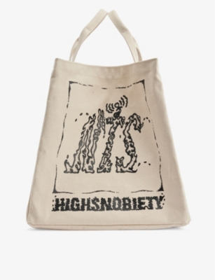 Shop Highsnobiety X Nts Brand-print Cotton Record Tote Bag In Beige