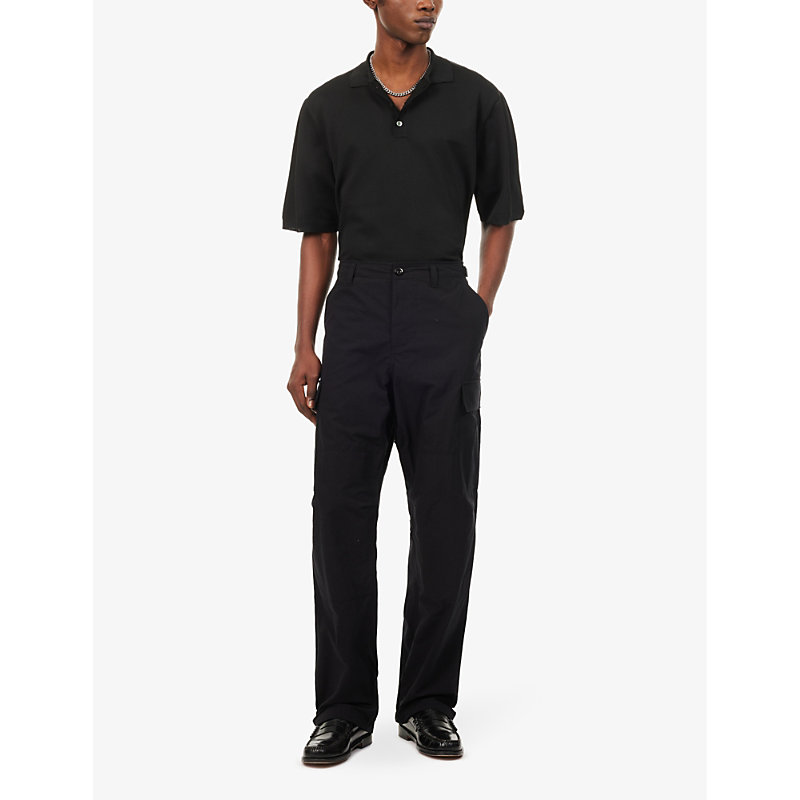 Shop Highsnobiety Men's Black Brand-patch Wide-leg Cotton-blend Cargo Trousers