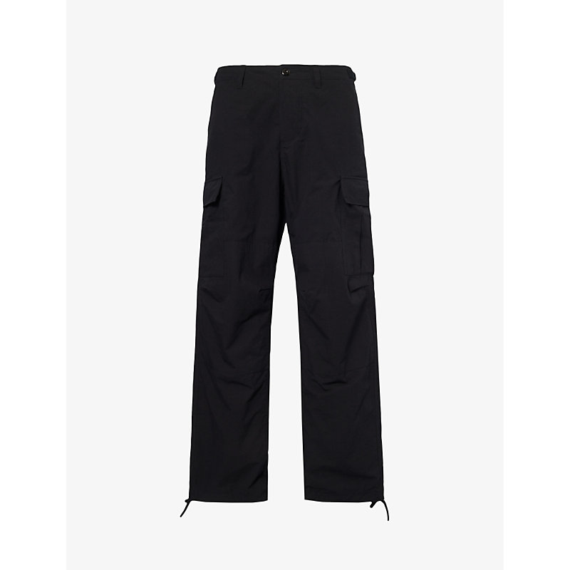 Shop Highsnobiety Men's Black Brand-patch Wide-leg Cotton-blend Cargo Trousers